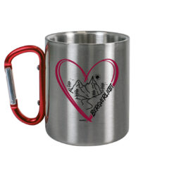 Bergverliebt Karabinertasse aus Edelstahl für Bergsteiger, die Berge und Bergfreunde. Ein tolles Berg Geschenk für die Bergtour, Bergfans und Bergliebhaber. Nachhaltige Berg Geschenke und Berg Tassen hier bestellen.