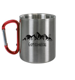 Gipfelhaferl Karabinertasse aus Edelstahl für Bergsteiger, die Berge und Bergfreunde. Ein tolles Berg Geschenk für die Bergtour, Bergfans und Bergliebhaber. Nachhaltige Berg Geschenke und Berg Tassen hier bestellen.