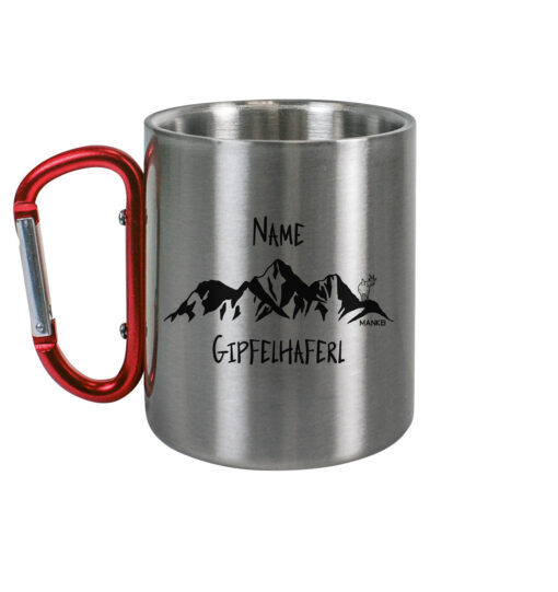 Personalisierte Karabinertasse Gipfelhaferl. Berg Tasse aus Porzellan für Bergsteiger, die Berge und Bergfreunde. Ein tolles Berg Geschenk für die Bergtour, Bergfans und Bergliebhaber. Nachhaltige Berg Geschenke und Berg Tassen hier bestellen.