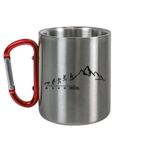 Endlich Freitag Wandern Karabinertasse aus Edelstahl für Bergsteiger, die Berge und Bergfreunde. Ein tolles Berg Geschenk für die Bergtour, Bergfans und Bergliebhaber. Nachhaltige Berg Geschenke und Berg Tassen hier bestellen.