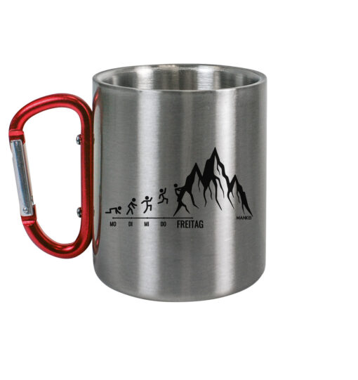 Endlich Freitag Klettern Karabinertasse aus Edelstahl für Bergsteiger, die Berge und Bergfreunde. Ein tolles Berg Geschenk für die Bergtour, Bergfans und Bergliebhaber. Nachhaltige Berg Geschenke und Berg Tassen hier bestellen.