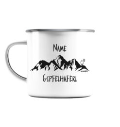 Gipfelhaferl personalisierte Berg Tasse aus Emaille für Bergsteiger, die Berge und Bergfreunde. Ein tolles Berg Geschenk für die Bergtour, Bergfans und Bergliebhaber. Nachhaltige Berg Geschenke und Berg Tassen hier bestellen.