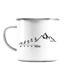 Endlich Freitag Wandern Emaille Tasse für Wanderer, die Berge und Bergfreunde. Ein tolles Berg Geschenk für die Bergtour, Bergfans und Bergliebhaber. Nachhaltige Berg Geschenke und Berg Tassen hier bestellen.