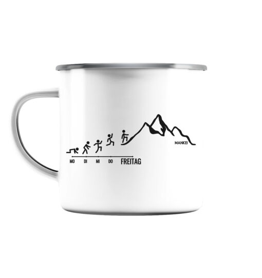 Endlich Freitag Wandern Emaille Tasse für Wanderer, die Berge und Bergfreunde. Ein tolles Berg Geschenk für die Bergtour, Bergfans und Bergliebhaber. Nachhaltige Berg Geschenke und Berg Tassen hier bestellen.