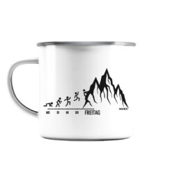 Endlich Freitag Klettern Emaille Tasse für Kletterfreunde, die Berge und Bergfreunde. Ein tolles Berg Geschenk für die Bergtour, Bergfans und Bergliebhaber. Nachhaltige Berg Geschenke und Berg Tassen hier bestellen.