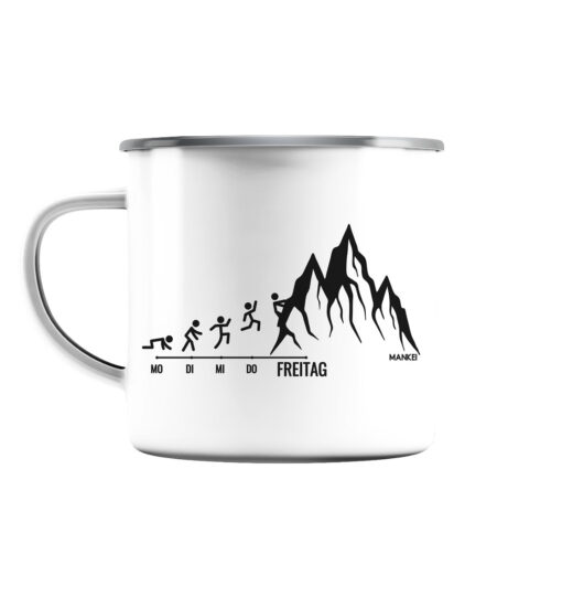 Endlich Freitag Klettern Emaille Tasse für Kletterfreunde, die Berge und Bergfreunde. Ein tolles Berg Geschenk für die Bergtour, Bergfans und Bergliebhaber. Nachhaltige Berg Geschenke und Berg Tassen hier bestellen.