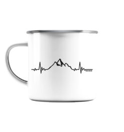 Herzschlag Berge Emaille Tasse für Bergsteiger, die Berge und Bergfreunde. Ein tolles Berg Geschenk für die Bergtour, Bergfans und Bergliebhaber. Nachhaltige Berg Geschenke und Berg Tassen hier bestellen.