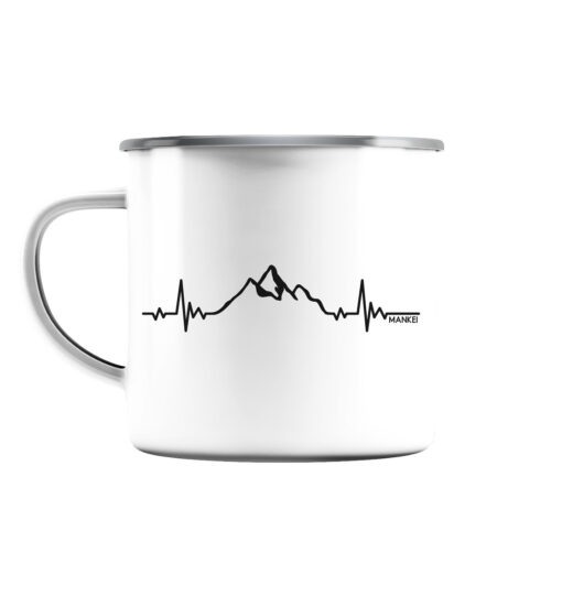 Herzschlag Berge Emaille Tasse für Bergsteiger, die Berge und Bergfreunde. Ein tolles Berg Geschenk für die Bergtour, Bergfans und Bergliebhaber. Nachhaltige Berg Geschenke und Berg Tassen hier bestellen.