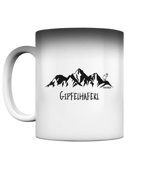 Gipfelhaferl Berg Zaubertasse. Berg Tasse aus Porzellan für Bergsteiger, die Berge und Bergfreunde. Ein tolles Berg Geschenk für die Bergtour, Bergfans und Bergliebhaber. Nachhaltige Berg Geschenke und Berg Tassen hier bestellen.