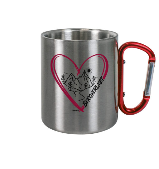 Bergverliebt Karabinertasse aus Edelstahl für Bergsteiger, die Berge und Bergfreunde. Ein tolles Berg Geschenk für die Bergtour, Bergfans und Bergliebhaber. Nachhaltige Berg Geschenke und Berg Tassen hier bestellen.