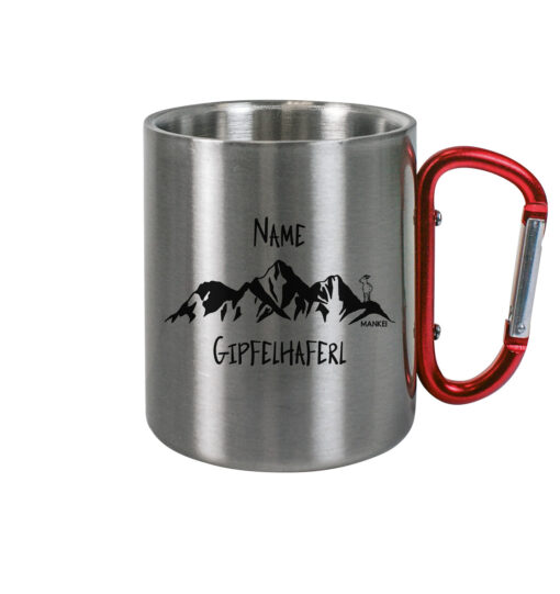 Personalisierte Karabinertasse Gipfelhaferl. Berg Tasse aus Porzellan für Bergsteiger, die Berge und Bergfreunde. Ein tolles Berg Geschenk für die Bergtour, Bergfans und Bergliebhaber. Nachhaltige Berg Geschenke und Berg Tassen hier bestellen.