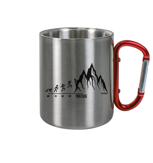 Endlich Freitag Klettern Karabinertasse aus Edelstahl für Bergsteiger, die Berge und Bergfreunde. Ein tolles Berg Geschenk für die Bergtour, Bergfans und Bergliebhaber. Nachhaltige Berg Geschenke und Berg Tassen hier bestellen.