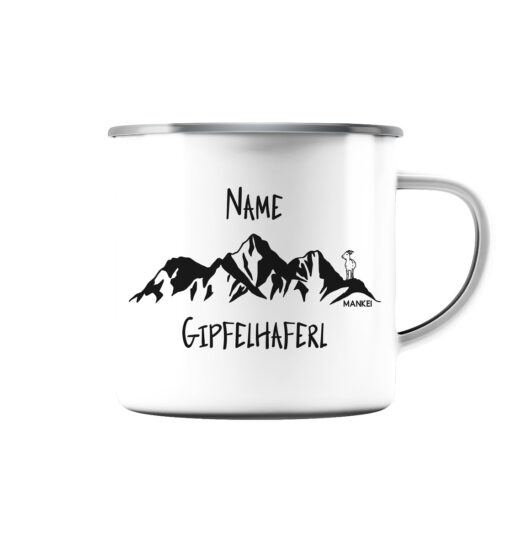 Gipfelhaferl personalisierte Berg Tasse aus Emaille für Bergsteiger, die Berge und Bergfreunde. Ein tolles Berg Geschenk für die Bergtour, Bergfans und Bergliebhaber. Nachhaltige Berg Geschenke und Berg Tassen hier bestellen.