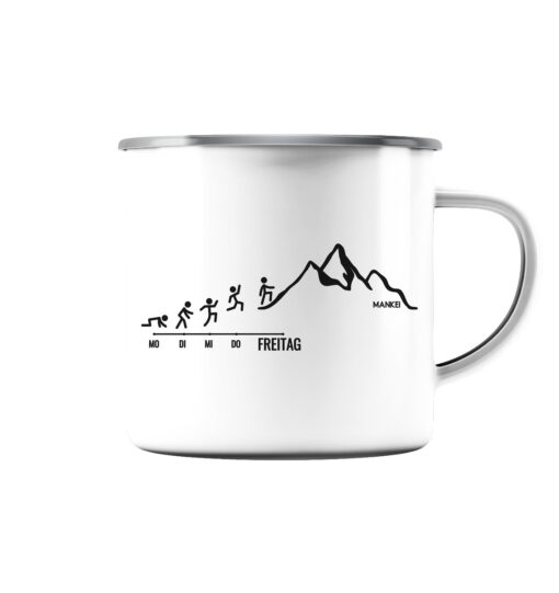 Endlich Freitag Wandern Emaille Tasse für Wanderer, die Berge und Bergfreunde. Ein tolles Berg Geschenk für die Bergtour, Bergfans und Bergliebhaber. Nachhaltige Berg Geschenke und Berg Tassen hier bestellen.