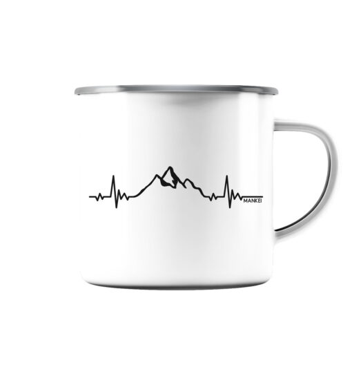 Herzschlag Berge Emaille Tasse für Bergsteiger, die Berge und Bergfreunde. Ein tolles Berg Geschenk für die Bergtour, Bergfans und Bergliebhaber. Nachhaltige Berg Geschenke und Berg Tassen hier bestellen.