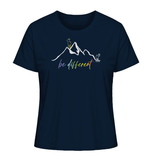 Navyblaues Bio Be Different Damen Berg Shirt fürs Wandern, die Berge und Bergfreunde. Ein tolles Berg Geschenk für die Bergtour, Bergfans und Bergliebhaber. Nachhaltige Berg Geschenke und Berg T-Shirts hier bestellen.