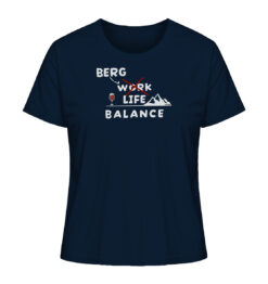 Navyblaues Bio Berg Life Balance Damen Shirt fürs Wandern, die Berge und Bergfreunde. Ein tolles Berg Geschenk für die Bergtour, Bergfans und Bergliebhaber. Nachhaltige Berg Geschenke und Berg T-Shirts hier bestellen.