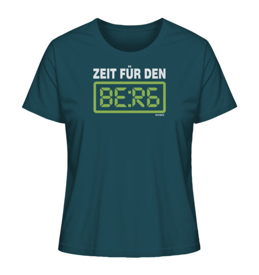 Blaues Zeit für den Berg Damen T-Shirt für Bergsteiger, die Berge und Bergfreunde. Ein tolles Berg Geschenk für die Bergtour, Bergfans und Bergliebhaber. Nachhaltige Berg Geschenke und Bio Bergshirts für Damen hier bestellen.