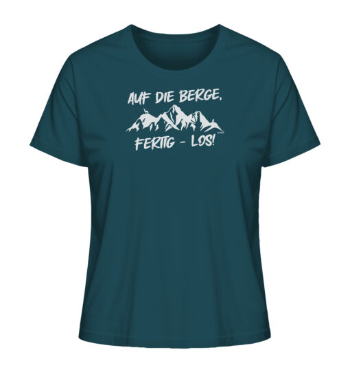 Blaues Bio Auf die Berge Damen Shirt fürs Wandern, die Berge und Bergfreunde. Ein tolles Berg Geschenk für die Bergtour, Bergfans und Bergliebhaber. Nachhaltige Berg Geschenke und Berg T-Shirts hier bestellen.