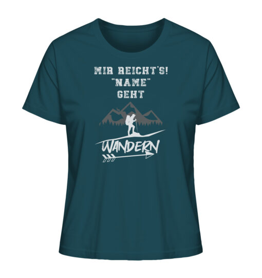 Blaues Mir reichts ich geh Wandern personalisiertes Berg Shirt fürs Wandern, die Berge und Bergfreunde mit lustigem Berg Spruch. Ein tolles Berg Geschenk mit Namen für die Bergtour, Bergfans und Bergliebhaber. Nachhaltige Berg Geschenke und personalisierte Damen Berg T-Shirts mit Namen hier bestellen.