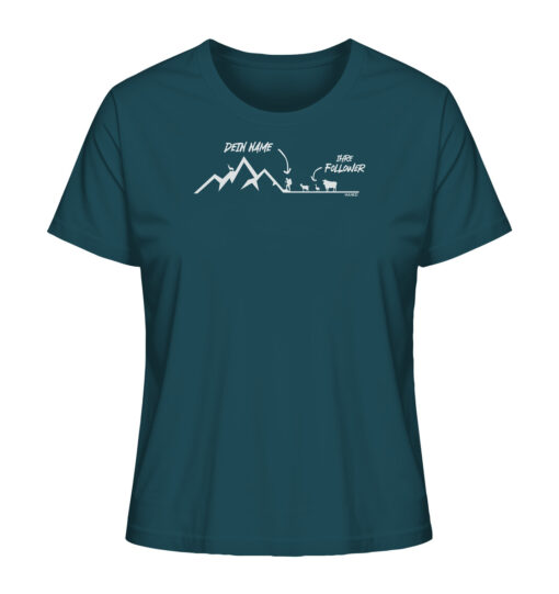 Blaues Bio Meine Follower personalisiertes Damen Berg Shirt fürs Wandern, die Berge und Bergfreunde. Ein tolles Berg Geschenk mit Namen für die Bergtour, Bergfans und Bergliebhaber. Nachhaltige Berg Geschenke und personalisierte Berg T-Shirts mit Namen hier bestellen.