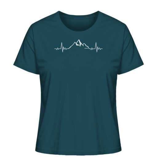 Bio Herzschlag Berge Damen Shirt fürs Wandern, die Berge und Bergfreunde in blau. Ein tolles Berg Geschenk für die Bergtour, Bergfans und Bergliebhaber. Nachhaltige Berg Geschenke und Berg T-Shirts hier bestellen.