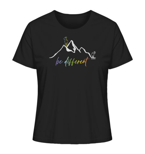 Schwarzes Bio Be Different Damen Berg Shirt fürs Wandern, die Berge und Bergfreunde. Ein tolles Berg Geschenk für die Bergtour, Bergfans und Bergliebhaber. Nachhaltige Berg Geschenke und Berg T-Shirts hier bestellen.