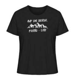 Schwarzes Bio Auf die Berge Damen Shirt fürs Wandern, die Berge und Bergfreunde. Ein tolles Berg Geschenk für die Bergtour, Bergfans und Bergliebhaber. Nachhaltige Berg Geschenke und Berg T-Shirts hier bestellen.