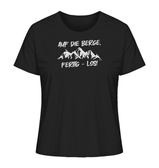 Schwarzes Bio Auf die Berge Damen Shirt fürs Wandern, die Berge und Bergfreunde. Ein tolles Berg Geschenk für die Bergtour, Bergfans und Bergliebhaber. Nachhaltige Berg Geschenke und Berg T-Shirts hier bestellen.