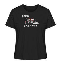 Schwarzes Bio Berg Life Balance Damen Shirt fürs Wandern, die Berge und Bergfreunde. Ein tolles Berg Geschenk für die Bergtour, Bergfans und Bergliebhaber. Nachhaltige Berg Geschenke und Berg T-Shirts hier bestellen.