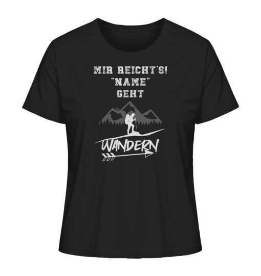 Schwarzes Mir reichts ich geh Wandern personalisiertes Berg Shirt fürs Wandern, die Berge und Bergfreunde mit lustigem Berg Spruch. Ein tolles Berg Geschenk mit Namen für die Bergtour, Bergfans und Bergliebhaber. Nachhaltige Berg Geschenke und personalisierte Damen Berg T-Shirts mit Namen hier bestellen.