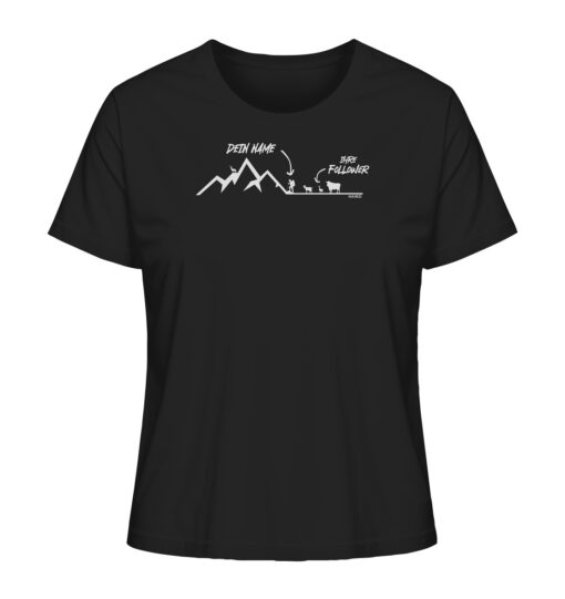 Schwarzes Bio Meine Follower personalisiertes Damen Berg Shirt fürs Wandern, die Berge und Bergfreunde. Ein tolles Berg Geschenk mit Namen für die Bergtour, Bergfans und Bergliebhaber. Nachhaltige Berg Geschenke und personalisierte Berg T-Shirts mit Namen hier bestellen.