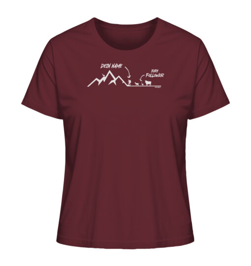 Burgundrotes Bio Meine Follower personalisiertes Damen Berg Shirt fürs Wandern, die Berge und Bergfreunde. Ein tolles Berg Geschenk mit Namen für die Bergtour, Bergfans und Bergliebhaber. Nachhaltige Berg Geschenke und personalisierte Berg T-Shirts mit Namen hier bestellen.