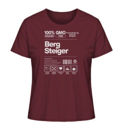 Nährwerte Bergsteiger T-Shirt für Bergfreunde in weinrot. Ein lustiges Berg T-Shirt zum Wandern und als Geschenk für Bergfreunde. Bio Damen T-Shirt.