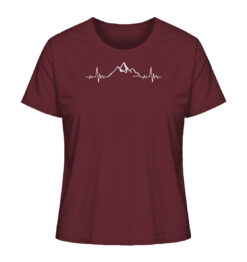 Bio Herzschlag Berge Damen Shirt fürs Wandern, die Berge und Bergfreunde in burgundrot. Ein tolles Berg Geschenk für die Bergtour, Bergfans und Bergliebhaber. Nachhaltige Berg Geschenke und Berg T-Shirts hier bestellen.