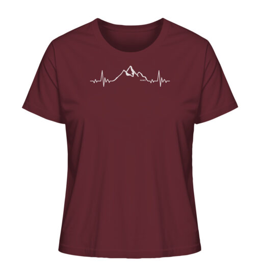 Bio Herzschlag Berge Damen Shirt fürs Wandern, die Berge und Bergfreunde in burgundrot. Ein tolles Berg Geschenk für die Bergtour, Bergfans und Bergliebhaber. Nachhaltige Berg Geschenke und Berg T-Shirts hier bestellen.