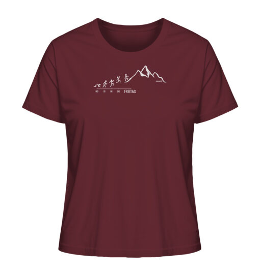 Bio Endlich Freitag Wandern Damen Shirt fürs Wandern, die Berge und Bergfreunde in burgundrot. Ein tolles Berg Geschenk für die Bergtour, Bergfans und Bergliebhaber. Nachhaltige Berg Geschenke und Berg T-Shirts für Damen hier bestellen.