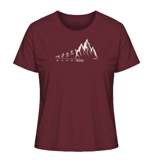 Bio Endlich Freitag Klettern Damen T-Shirt fürs Bergsteigen, die Berge und Bergfreunde in Burgundrot. Ein tolles Berg Geschenk für die Bergtour, Bergfans und Bergliebhaber. Nachhaltige Berg Geschenke und Klettershirts für Damen hier bestellen.