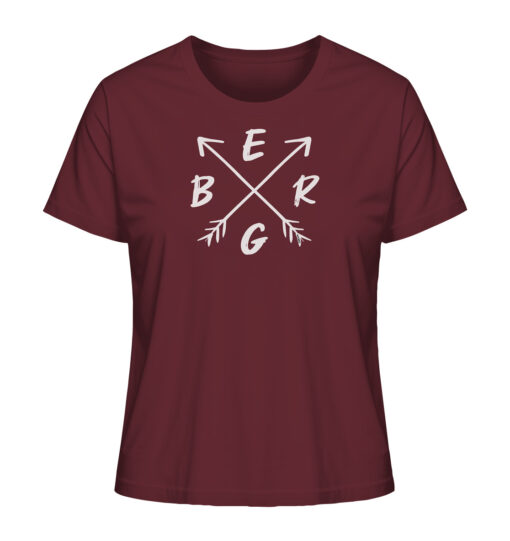 Burgundrotes Bio Berg Damen Shirt fürs Wandern, die Berge und Bergfreunde. Ein tolles Berg Geschenk für die Bergtour, Bergfans und Bergliebhaber. Nachhaltige Berg Geschenke und Berg T-Shirts hier bestellen.