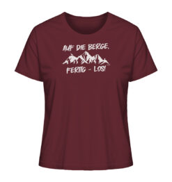 Burgundrotes Bio Auf die Berge Damen Shirt fürs Wandern, die Berge und Bergfreunde. Ein tolles Berg Geschenk für die Bergtour, Bergfans und Bergliebhaber. Nachhaltige Berg Geschenke und Berg T-Shirts hier bestellen.