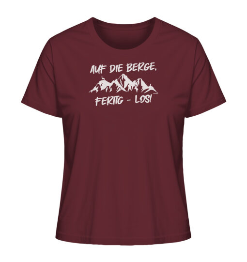 Burgundrotes Bio Auf die Berge Damen Shirt fürs Wandern, die Berge und Bergfreunde. Ein tolles Berg Geschenk für die Bergtour, Bergfans und Bergliebhaber. Nachhaltige Berg Geschenke und Berg T-Shirts hier bestellen.