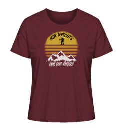 Burgundrotes Mir reichts ich geh Wandern personalisiertes Berg Shirt fürs Wandern, die Berge und Bergfreunde mit farbenfrohem Sunset Design. Ein tolles Berg Geschenk mit Namen für die Bergtour, Bergfans und Bergliebhaber. Nachhaltige Berg Geschenke und personalisierte Damen Berg T-Shirts mit Namen hier bestellen.