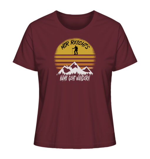 Burgundrotes Mir reichts ich geh Wandern personalisiertes Berg Shirt fürs Wandern, die Berge und Bergfreunde mit farbenfrohem Sunset Design. Ein tolles Berg Geschenk mit Namen für die Bergtour, Bergfans und Bergliebhaber. Nachhaltige Berg Geschenke und personalisierte Damen Berg T-Shirts mit Namen hier bestellen.