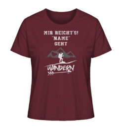 Burgundrotes Mir reichts ich geh Wandern personalisiertes Berg Shirt fürs Wandern, die Berge und Bergfreunde mit lustigem Berg Spruch. Ein tolles Berg Geschenk mit Namen für die Bergtour, Bergfans und Bergliebhaber. Nachhaltige Berg Geschenke und personalisierte Damen Berg T-Shirts mit Namen hier bestellen.