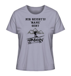 Lavendelfarbenes Mir reichts ich geh Wandern personalisiertes Berg Shirt fürs Wandern, die Berge und Bergfreunde mit lustigem Berg Spruch. Ein tolles Berg Geschenk mit Namen für die Bergtour, Bergfans und Bergliebhaber. Nachhaltige Berg Geschenke und personalisierte Damen Berg T-Shirts mit Namen hier bestellen.