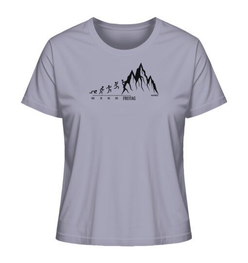 Bio Endlich Freitag Klettern Damen T-Shirt fürs Bergsteigen, die Berge und Bergfreunde in Lavendel. Ein tolles Berg Geschenk für die Bergtour, Bergfans und Bergliebhaber. Nachhaltige Berg Geschenke und Klettershirts für Damen hier bestellen.