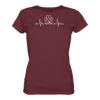 Herzschlag Hundepfote T-Shirt für Bergfreunde und Hundebesitzer in weinrot. Ein elegantes Damen Berg T-Shirt zum Wandern und als Geschenk für Hundefreunde. Perfekt fürs Wandern mit Hund.