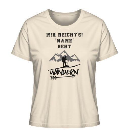 Naturweißes Mir reichts ich geh Wandern personalisiertes Berg Shirt fürs Wandern, die Berge und Bergfreunde mit lustigem Berg Spruch. Ein tolles Berg Geschenk mit Namen für die Bergtour, Bergfans und Bergliebhaber. Nachhaltige Berg Geschenke und personalisierte Damen Berg T-Shirts mit Namen hier bestellen.