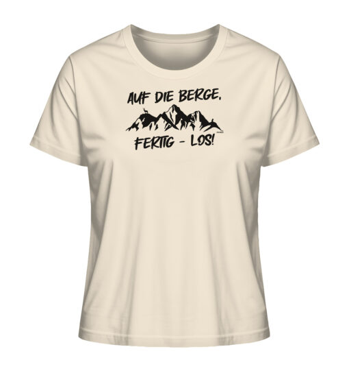 Naturweißes Bio Auf die Berge Damen Shirt fürs Wandern, die Berge und Bergfreunde. Ein tolles Berg Geschenk für die Bergtour, Bergfans und Bergliebhaber. Nachhaltige Berg Geschenke und Berg T-Shirts hier bestellen.