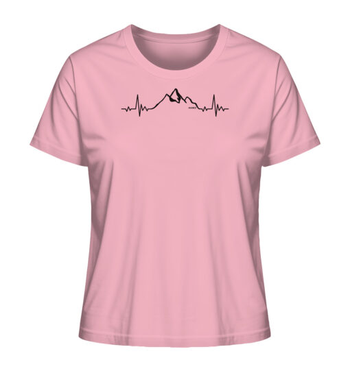 Bio Herzschlag Berge Damen Shirt fürs Wandern, die Berge und Bergfreunde in cotton pink. Ein tolles Berg Geschenk für die Bergtour, Bergfans und Bergliebhaber. Nachhaltige Berg Geschenke und Berg T-Shirts hier bestellen.